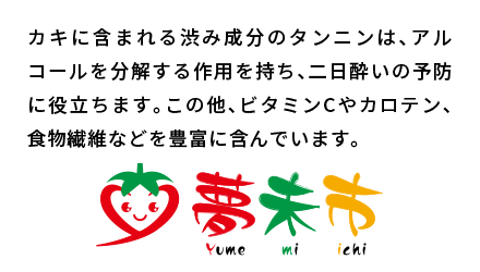 カキに含まれる渋み成分のタンニンは、アルコールを分解する作用を持ち、二日酔いの予防に役立ちます。この他、ビタミンCやカロテン、食物繊維などを豊富に含んでいます。