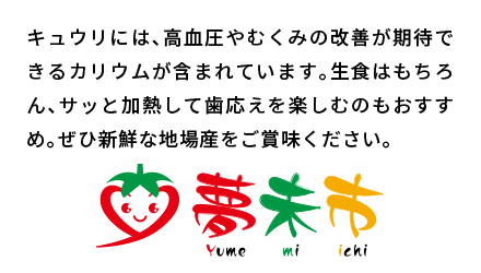 キュウリには、高血圧やむくみの改善が期待できるカリウムが含まれています。生食はもちろん、サッと加熱して歯応えを楽しむのもおすすめ。ぜひ新鮮な地場産をご賞味ください。