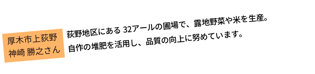 荻野地区にある32アールの圃場で、露地野菜や米を生産。自作の堆肥を活用し、品質の向上に努めています。